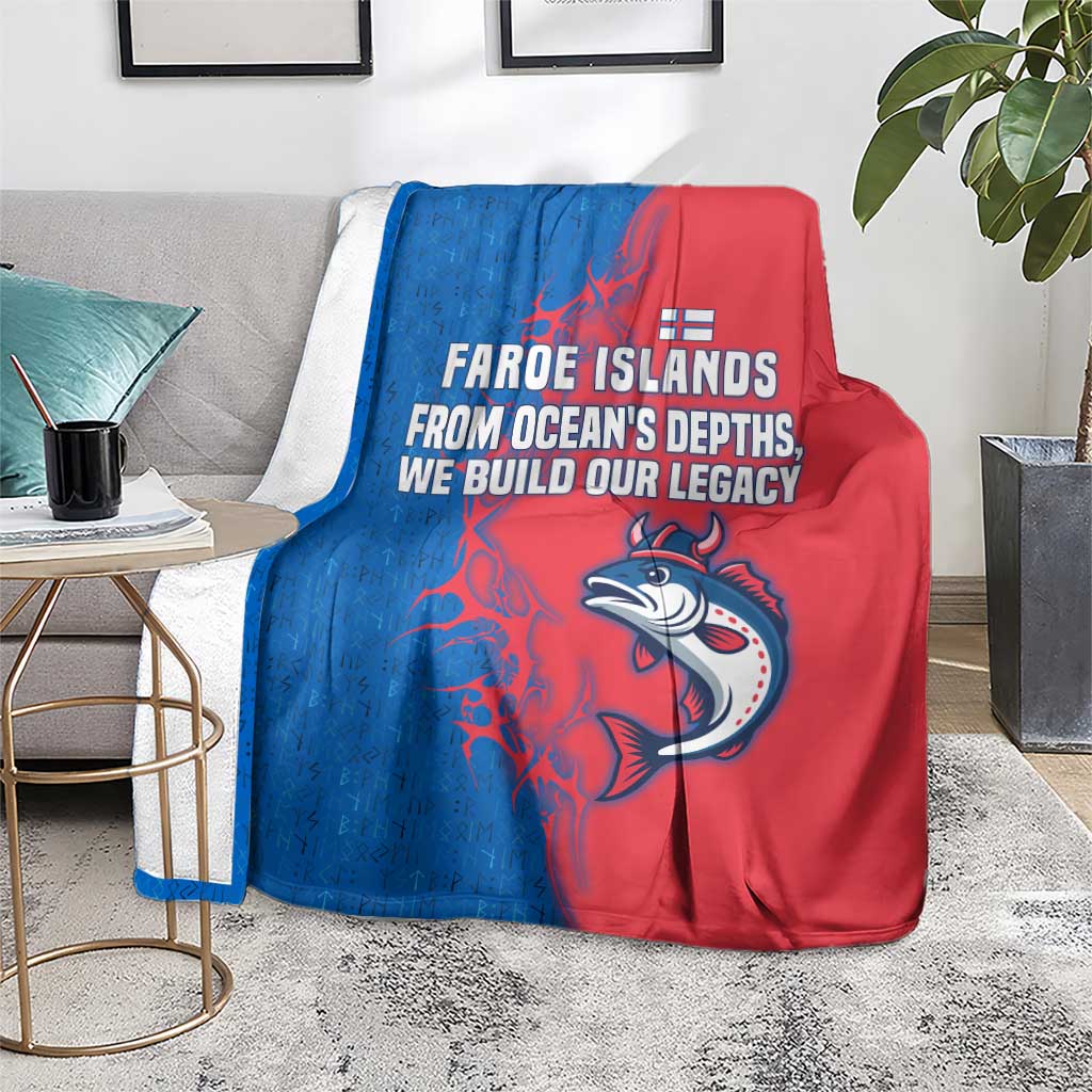 Faroe Islands Blanket with Viking Fish Illustration Red Blue Runic Design - Wonder Print Shop