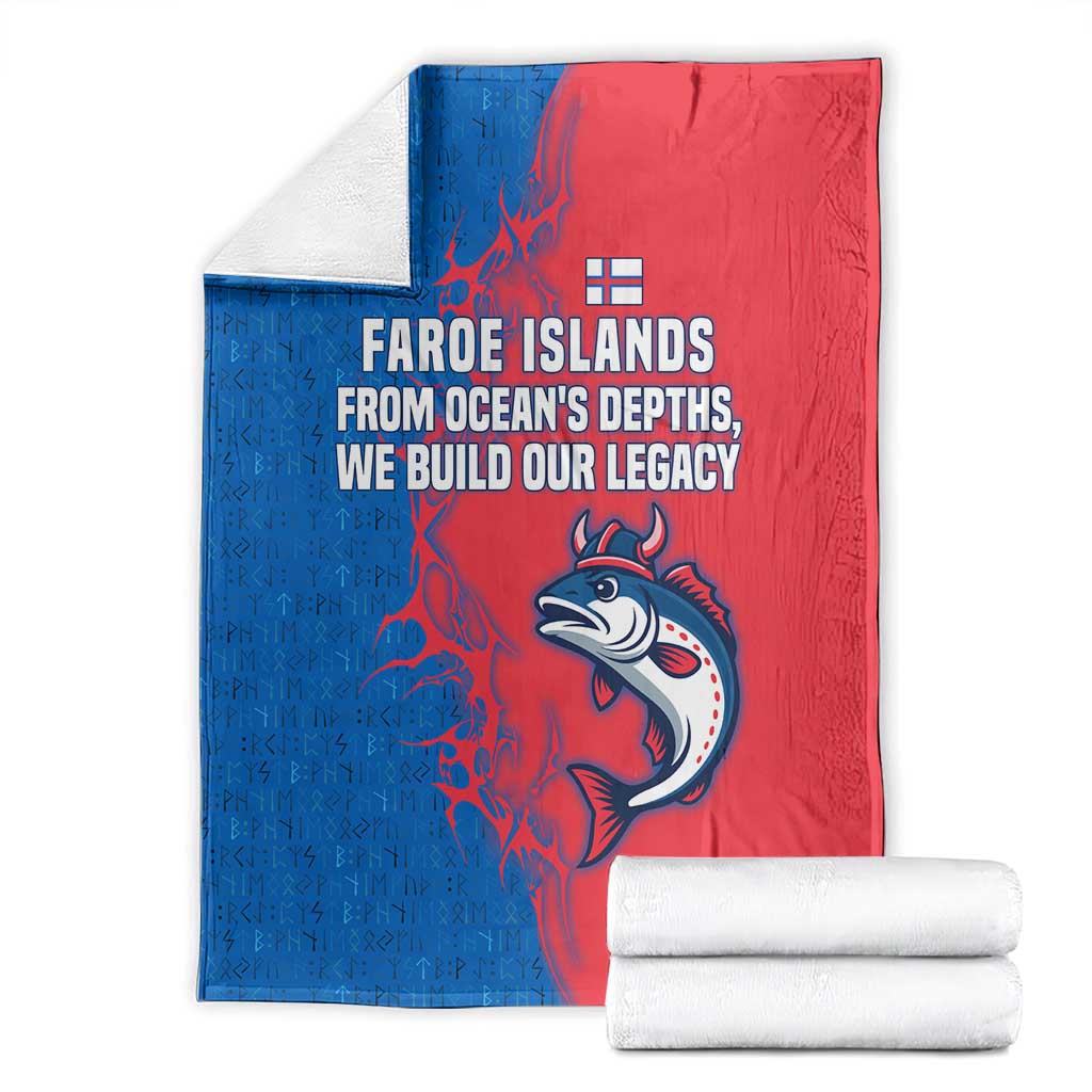 Faroe Islands Blanket with Viking Fish Illustration Red Blue Runic Design - Wonder Print Shop
