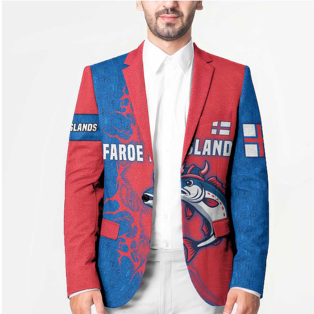 Faroe Islands Blazer with Viking Fish Illustration Red Blue Runic Design - Wonder Print Shop