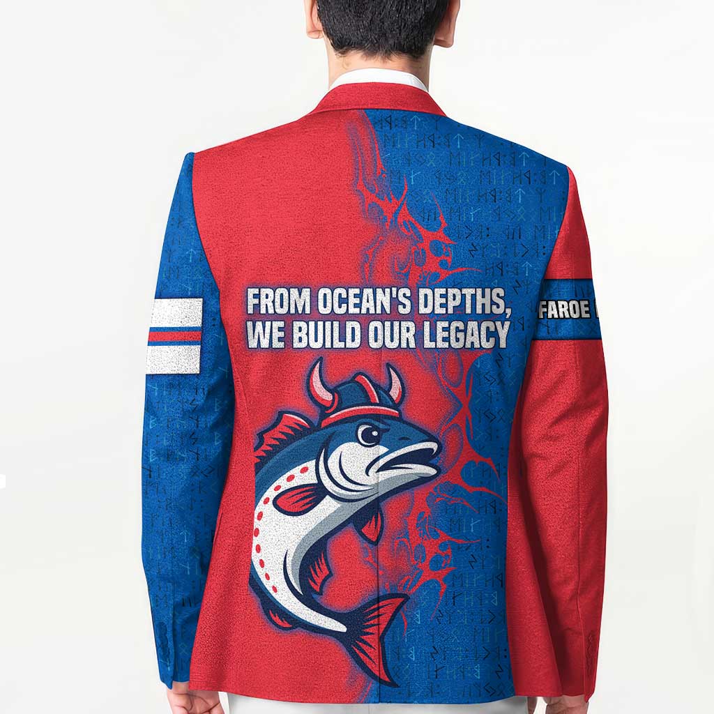 Faroe Islands Blazer with Viking Fish Illustration Red Blue Runic Design - Wonder Print Shop