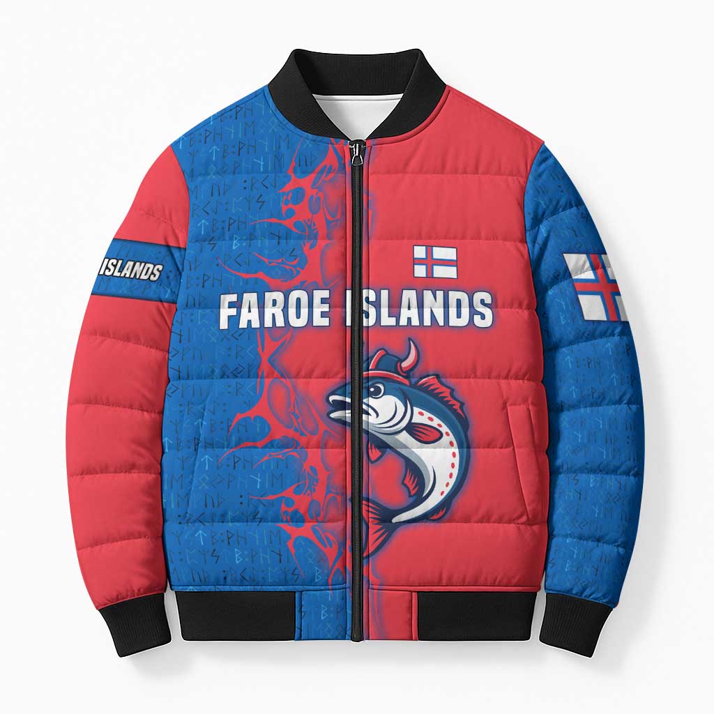 Faroe Islands Bomber Puffer Jacket with Viking Fish Illustration Red Blue Runic Design - Wonder Print Shop