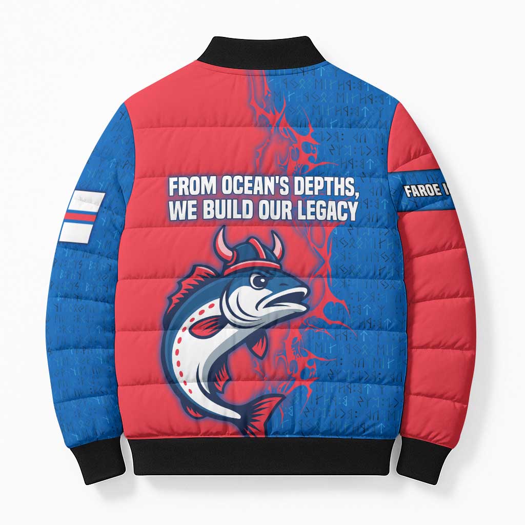 Faroe Islands Bomber Puffer Jacket with Viking Fish Illustration Red Blue Runic Design - Wonder Print Shop
