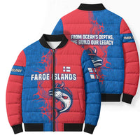 Faroe Islands Bomber Puffer Jacket with Viking Fish Illustration Red Blue Runic Design - Wonder Print Shop