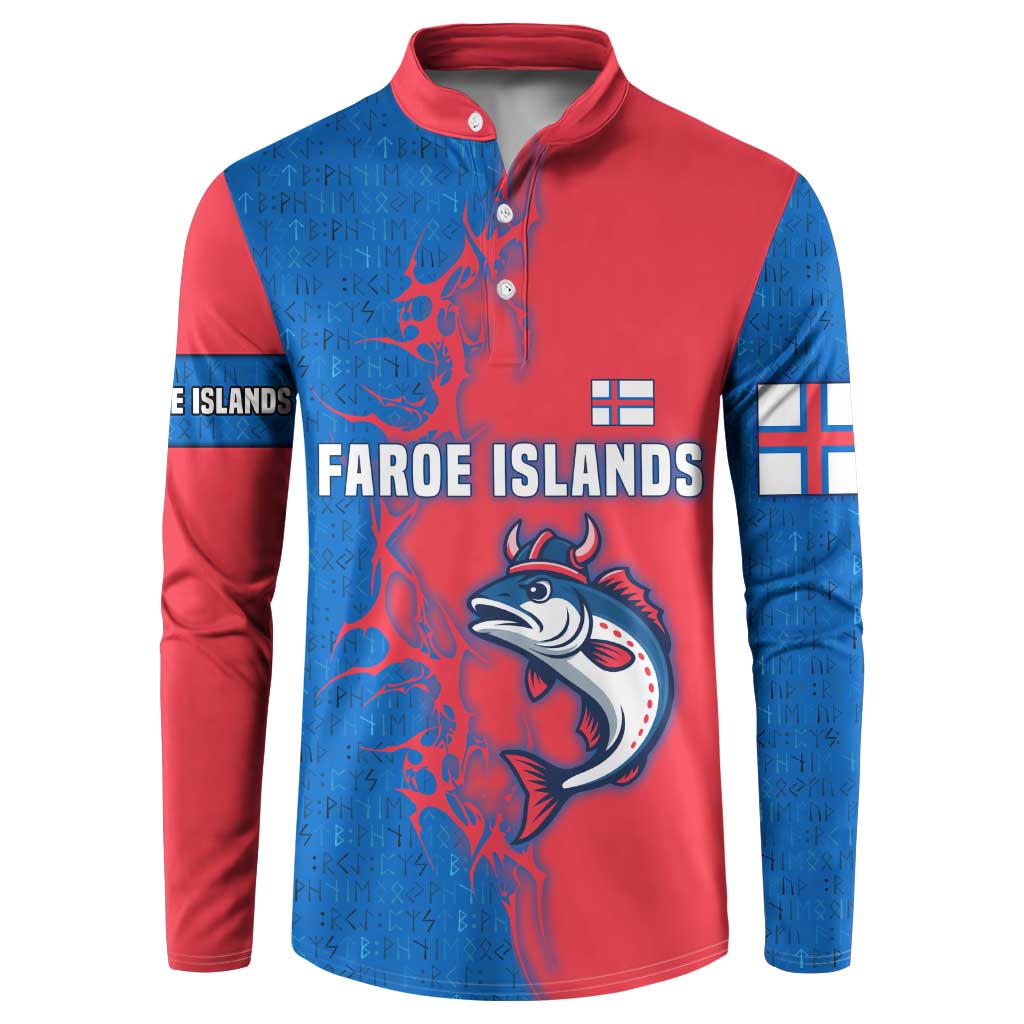 Faroe Islands Button Sweatshirt with Viking Fish Illustration Red Blue Runic Design - Wonder Print Shop