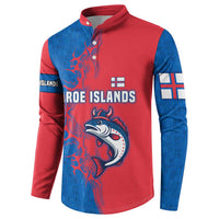 Faroe Islands Button Sweatshirt with Viking Fish Illustration Red Blue Runic Design - Wonder Print Shop