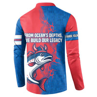 Faroe Islands Button Sweatshirt with Viking Fish Illustration Red Blue Runic Design - Wonder Print Shop