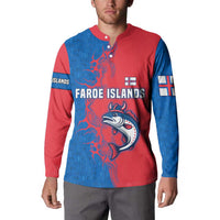 Faroe Islands Button Sweatshirt with Viking Fish Illustration Red Blue Runic Design - Wonder Print Shop