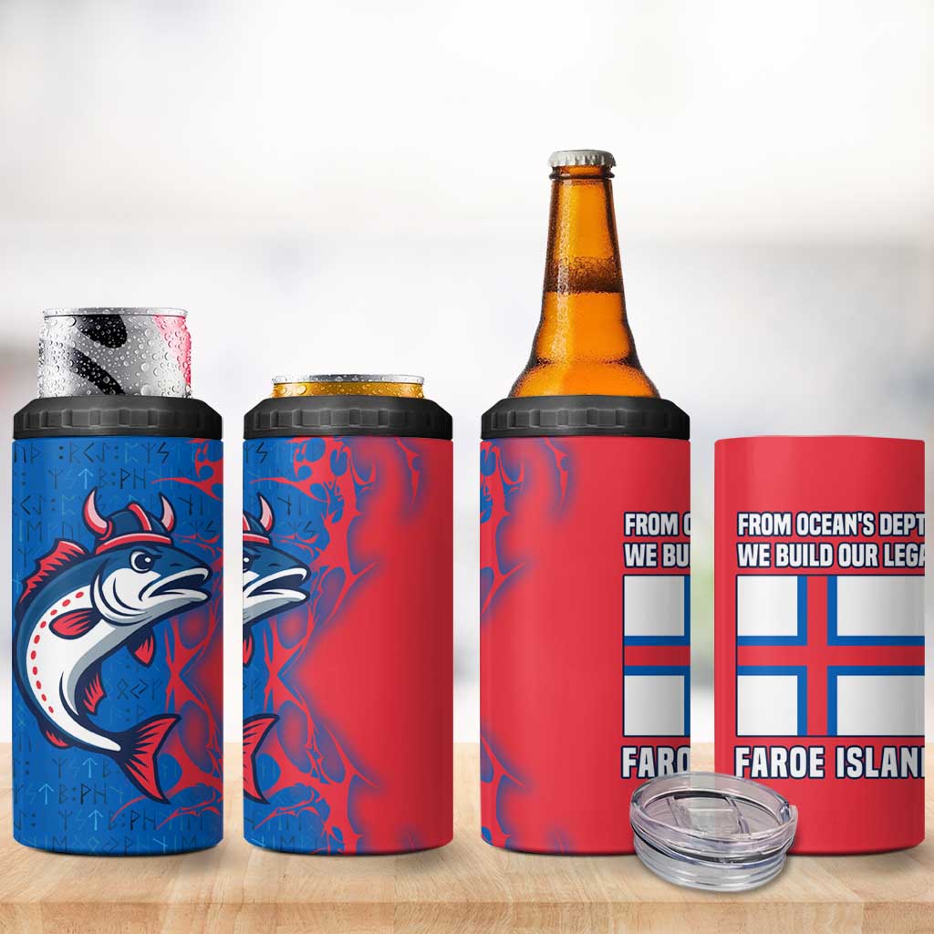 Faroe Islands 4 in 1 Can Cooler Tumbler with Viking Fish Illustration Red Blue Runic Design - Wonder Print Shop