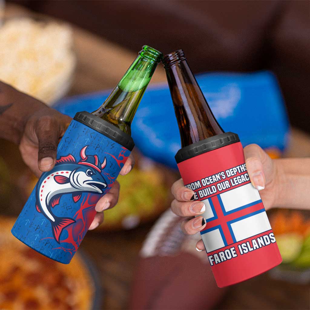 Faroe Islands 4 in 1 Can Cooler Tumbler with Viking Fish Illustration Red Blue Runic Design - Wonder Print Shop