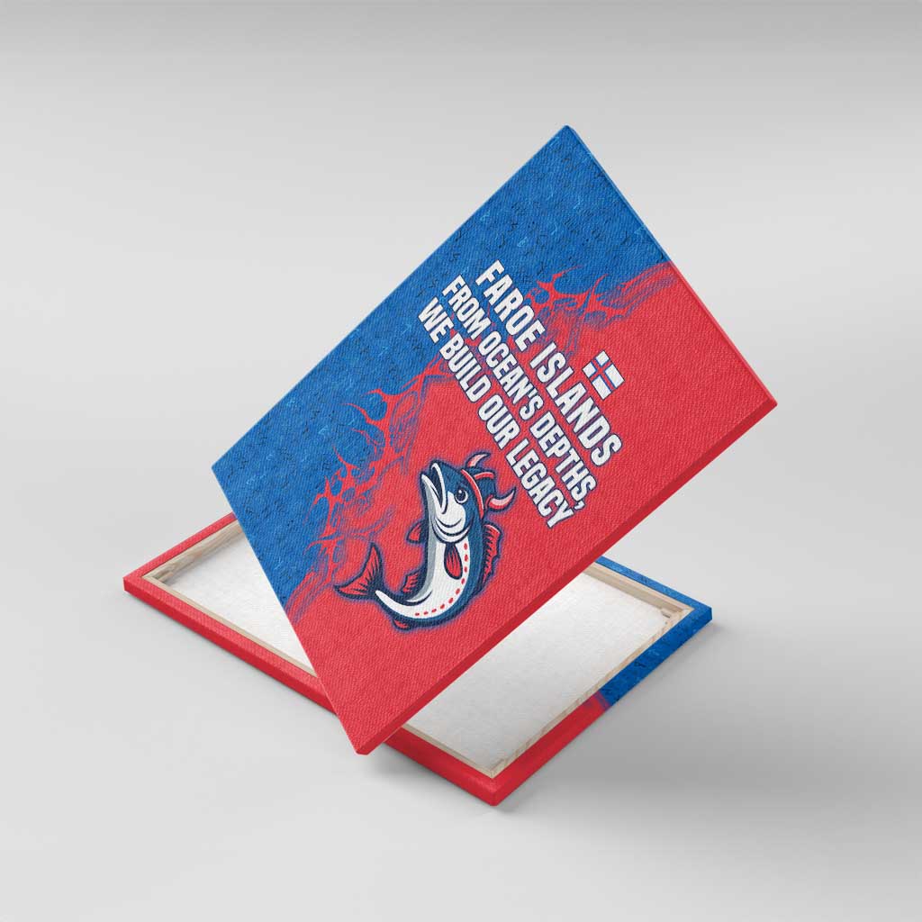 Faroe Islands Canvas Wall Art with Viking Fish Illustration Red Blue Runic Design - Wonder Print Shop