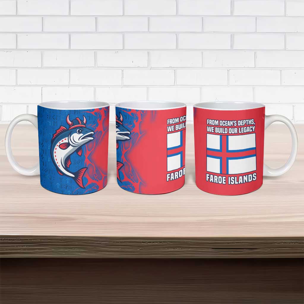 Faroe Islands Ceramic Mug with Viking Fish Illustration Red Blue Runic Design - Wonder Print Shop