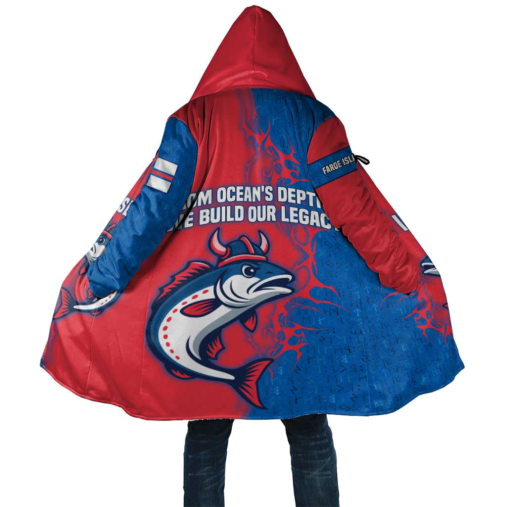 Faroe Islands Cloak with Viking Fish Illustration Red Blue Runic Design - Wonder Print Shop