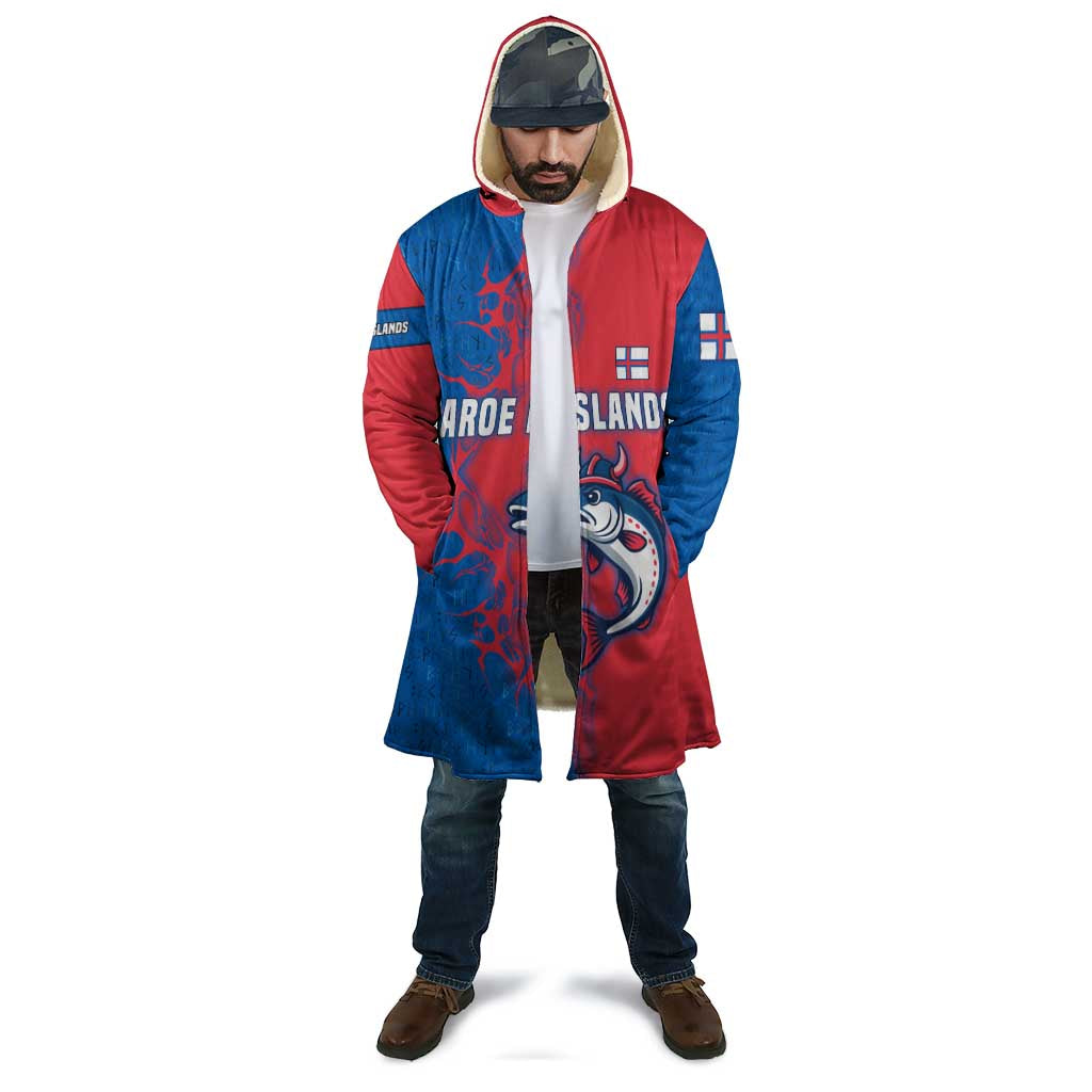 Faroe Islands Cloak with Viking Fish Illustration Red Blue Runic Design - Wonder Print Shop