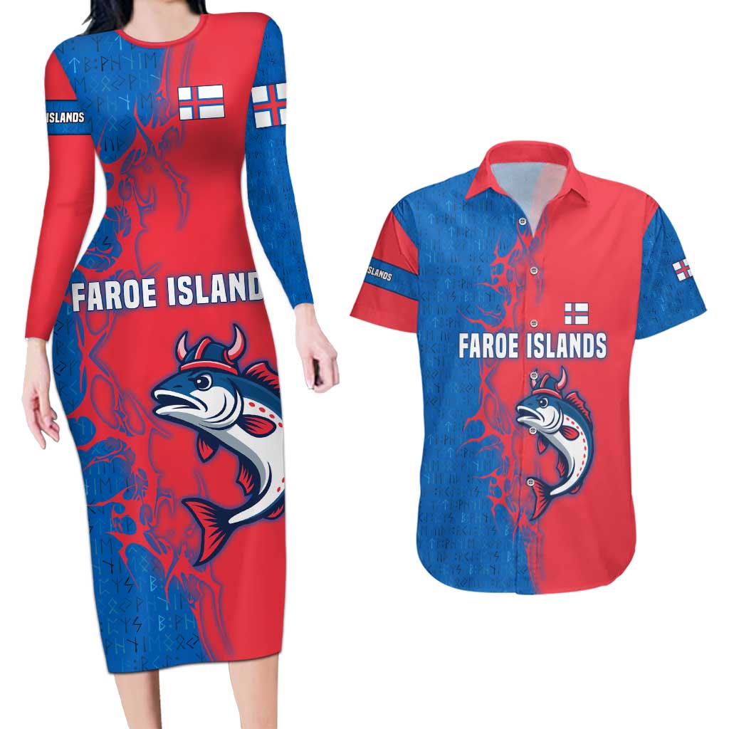 Faroe Islands Couples Matching Long Sleeve Bodycon Dress and Hawaiian Shirt with Viking Fish Illustration Red Blue Runic Design - Wonder Print Shop