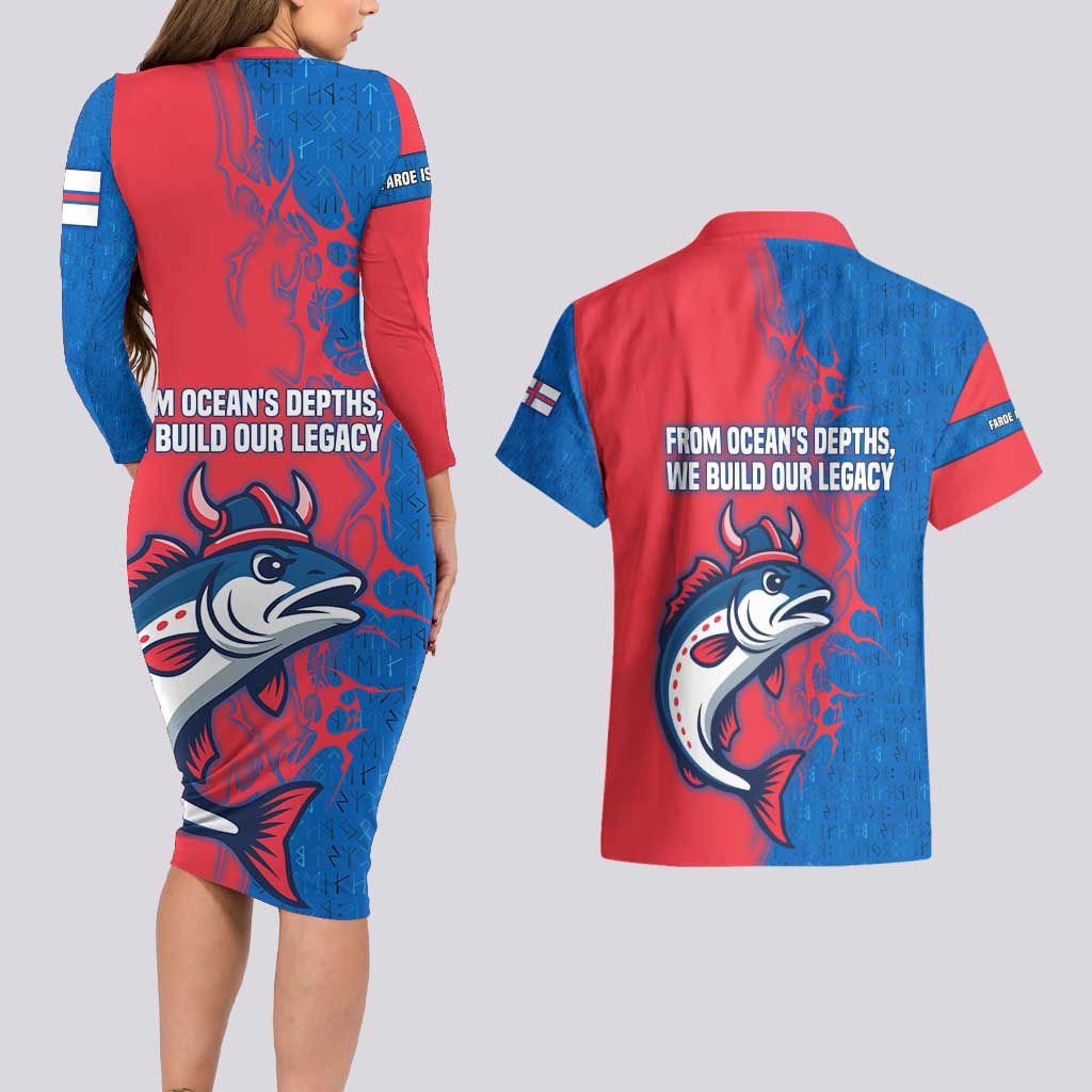 Faroe Islands Couples Matching Long Sleeve Bodycon Dress and Hawaiian Shirt with Viking Fish Illustration Red Blue Runic Design - Wonder Print Shop