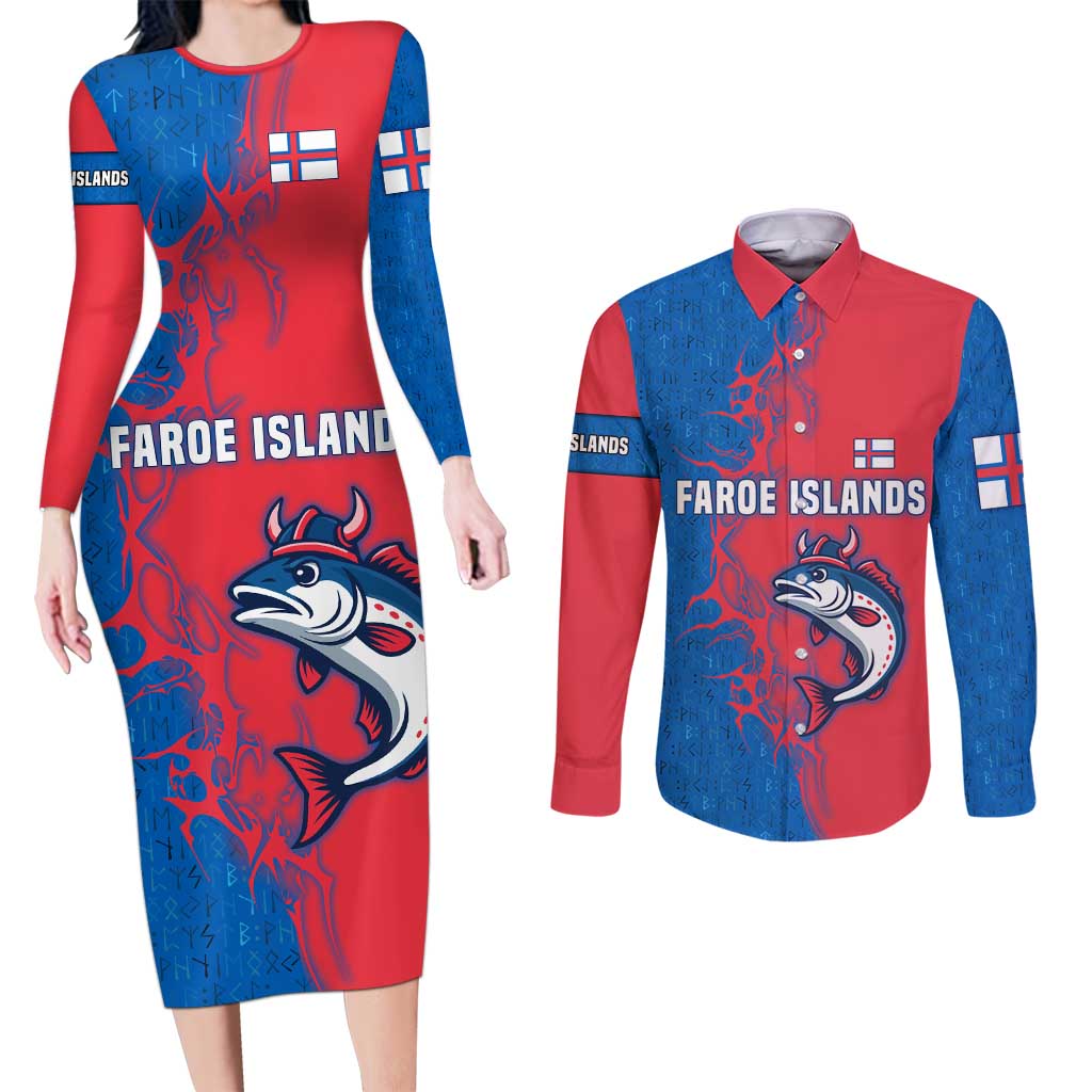 Faroe Islands Couples Matching Long Sleeve Bodycon Dress and Long Sleeve Button Shirt with Viking Fish Illustration Red Blue Runic Design - Wonder Print Shop