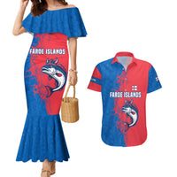Faroe Islands Couples Matching Mermaid Dress and Hawaiian Shirt with Viking Fish Illustration Red Blue Runic Design - Wonder Print Shop