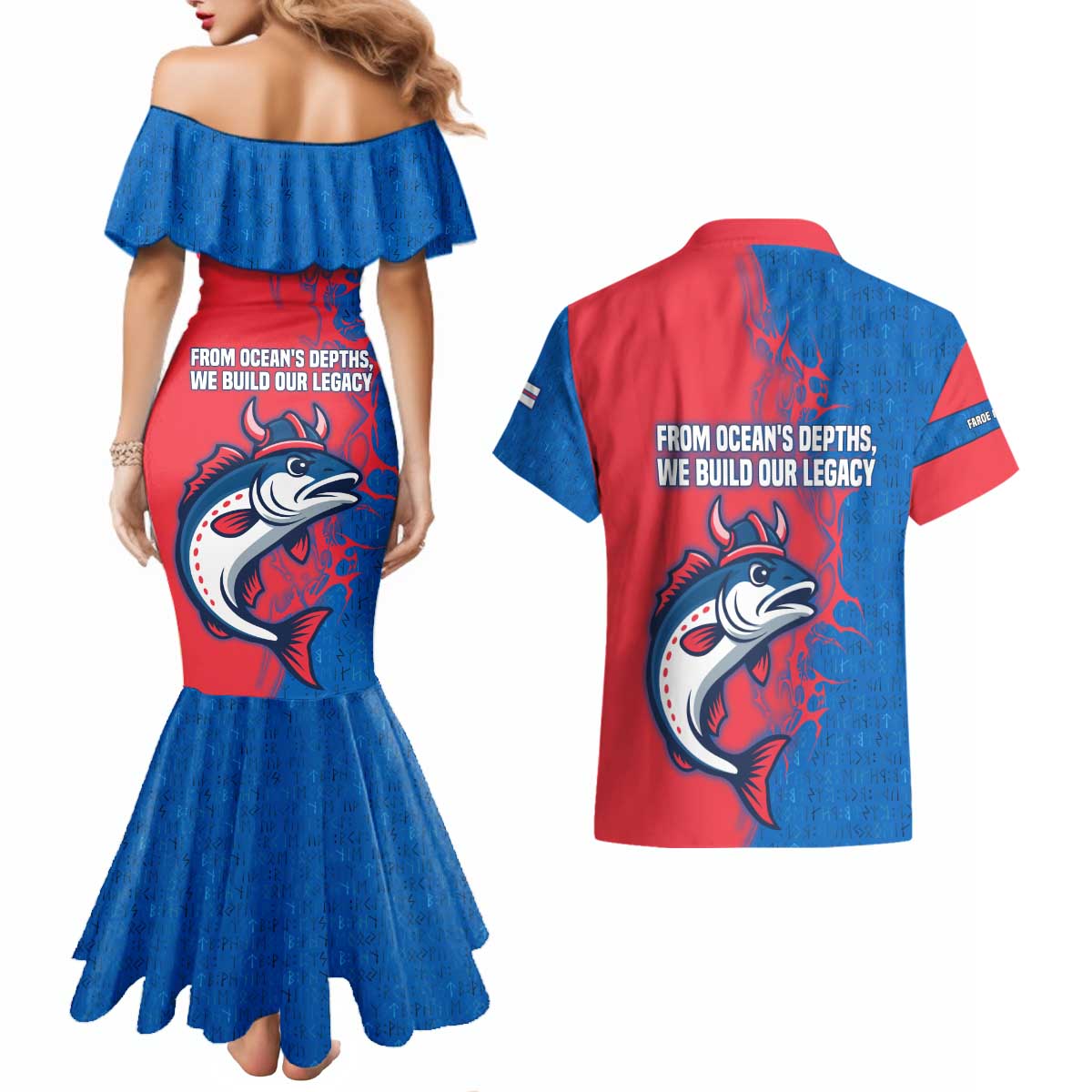 Faroe Islands Couples Matching Mermaid Dress and Hawaiian Shirt with Viking Fish Illustration Red Blue Runic Design - Wonder Print Shop