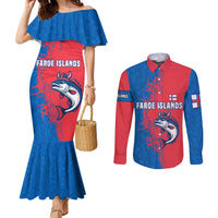 Faroe Islands Couples Matching Mermaid Dress and Long Sleeve Button Shirt with Viking Fish Illustration Red Blue Runic Design - Wonder Print Shop