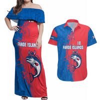Faroe Islands Couples Matching Off Shoulder Maxi Dress and Hawaiian Shirt with Viking Fish Illustration Red Blue Runic Design - Wonder Print Shop