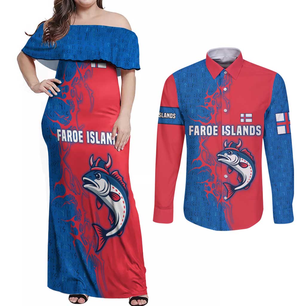 Faroe Islands Couples Matching Off Shoulder Maxi Dress and Long Sleeve Button Shirt with Viking Fish Illustration Red Blue Runic Design - Wonder Print Shop