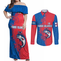 Faroe Islands Couples Matching Off Shoulder Maxi Dress and Long Sleeve Button Shirt with Viking Fish Illustration Red Blue Runic Design - Wonder Print Shop
