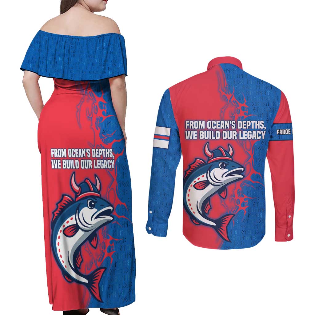 Faroe Islands Couples Matching Off Shoulder Maxi Dress and Long Sleeve Button Shirt with Viking Fish Illustration Red Blue Runic Design - Wonder Print Shop