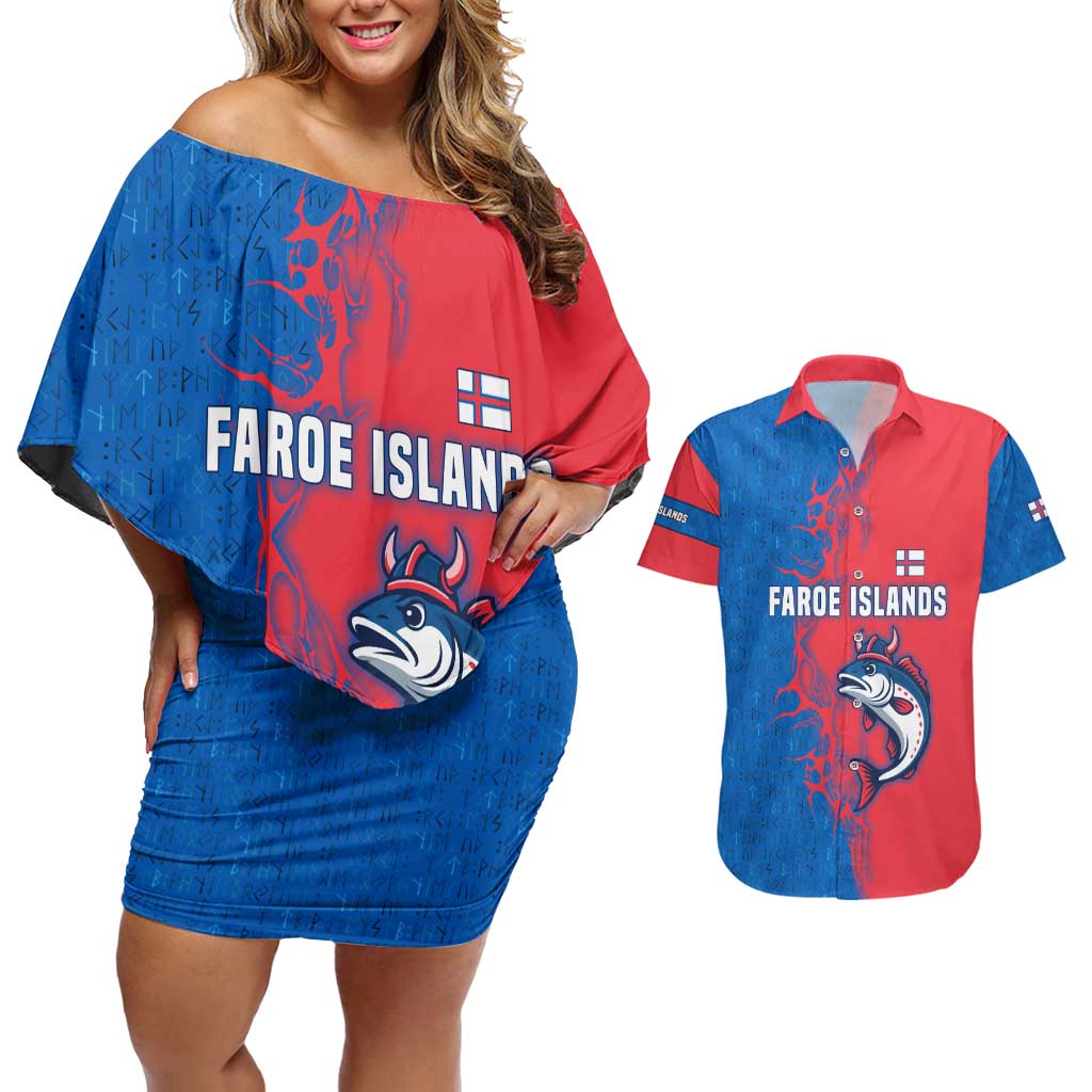 Faroe Islands Couples Matching Off Shoulder Short Dress and Hawaiian Shirt with Viking Fish Illustration Red Blue Runic Design - Wonder Print Shop