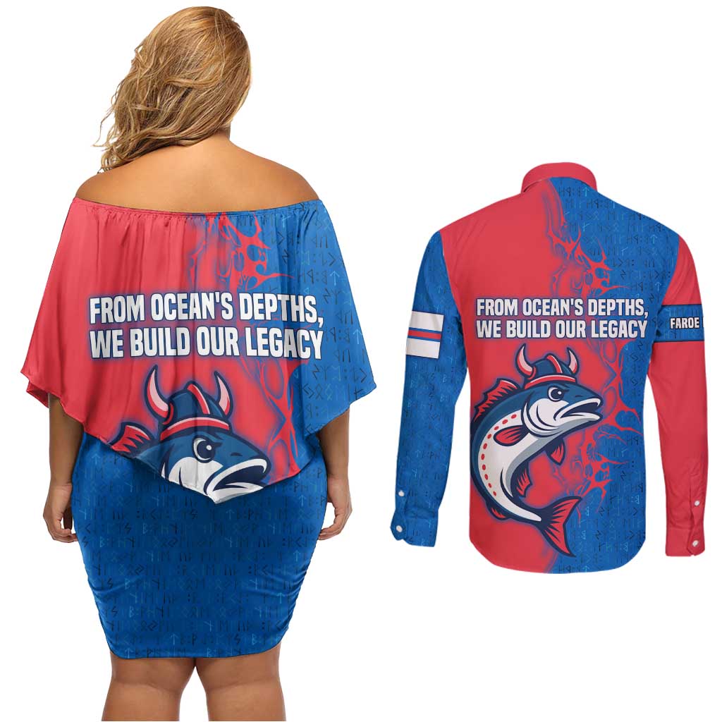 Faroe Islands Couples Matching Off Shoulder Short Dress and Long Sleeve Button Shirt with Viking Fish Illustration Red Blue Runic Design - Wonder Print Shop