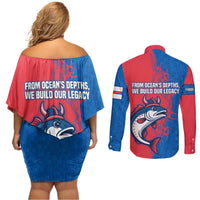 Faroe Islands Couples Matching Off Shoulder Short Dress and Long Sleeve Button Shirt with Viking Fish Illustration Red Blue Runic Design - Wonder Print Shop