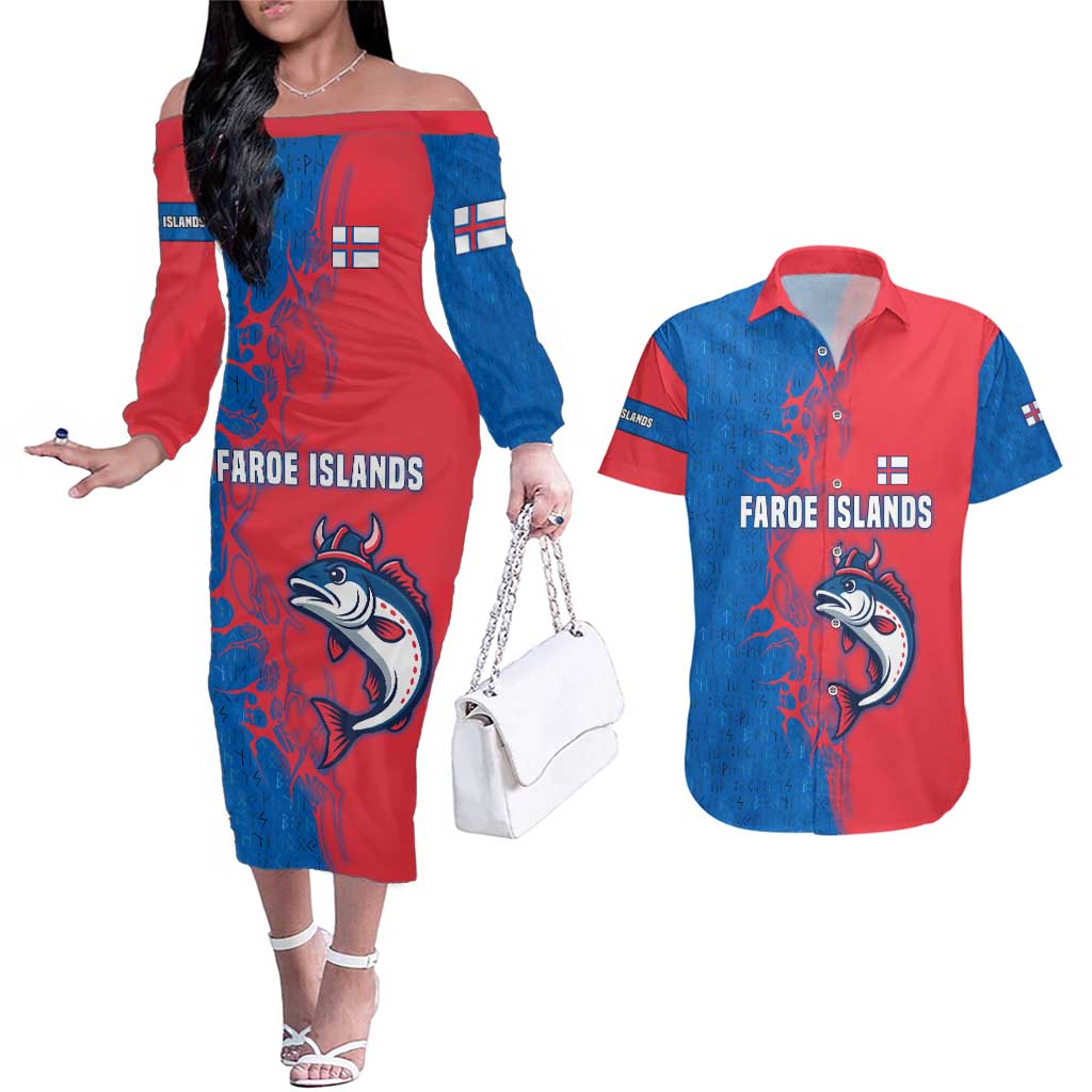 Faroe Islands Couples Matching Off The Shoulder Long Sleeve Dress and Hawaiian Shirt with Viking Fish Illustration Red Blue Runic Design - Wonder Print Shop