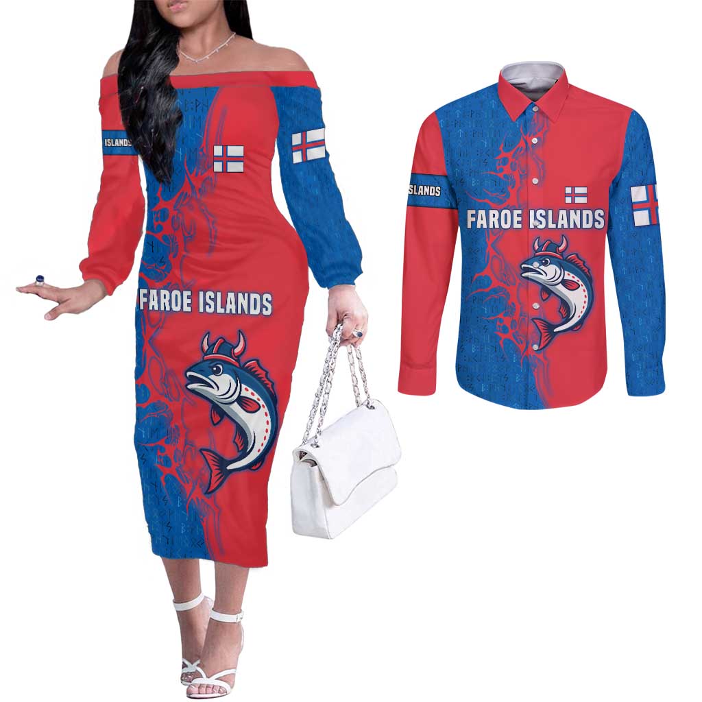Faroe Islands Couples Matching Off The Shoulder Long Sleeve Dress and Long Sleeve Button Shirt with Viking Fish Illustration Red Blue Runic Design - Wonder Print Shop