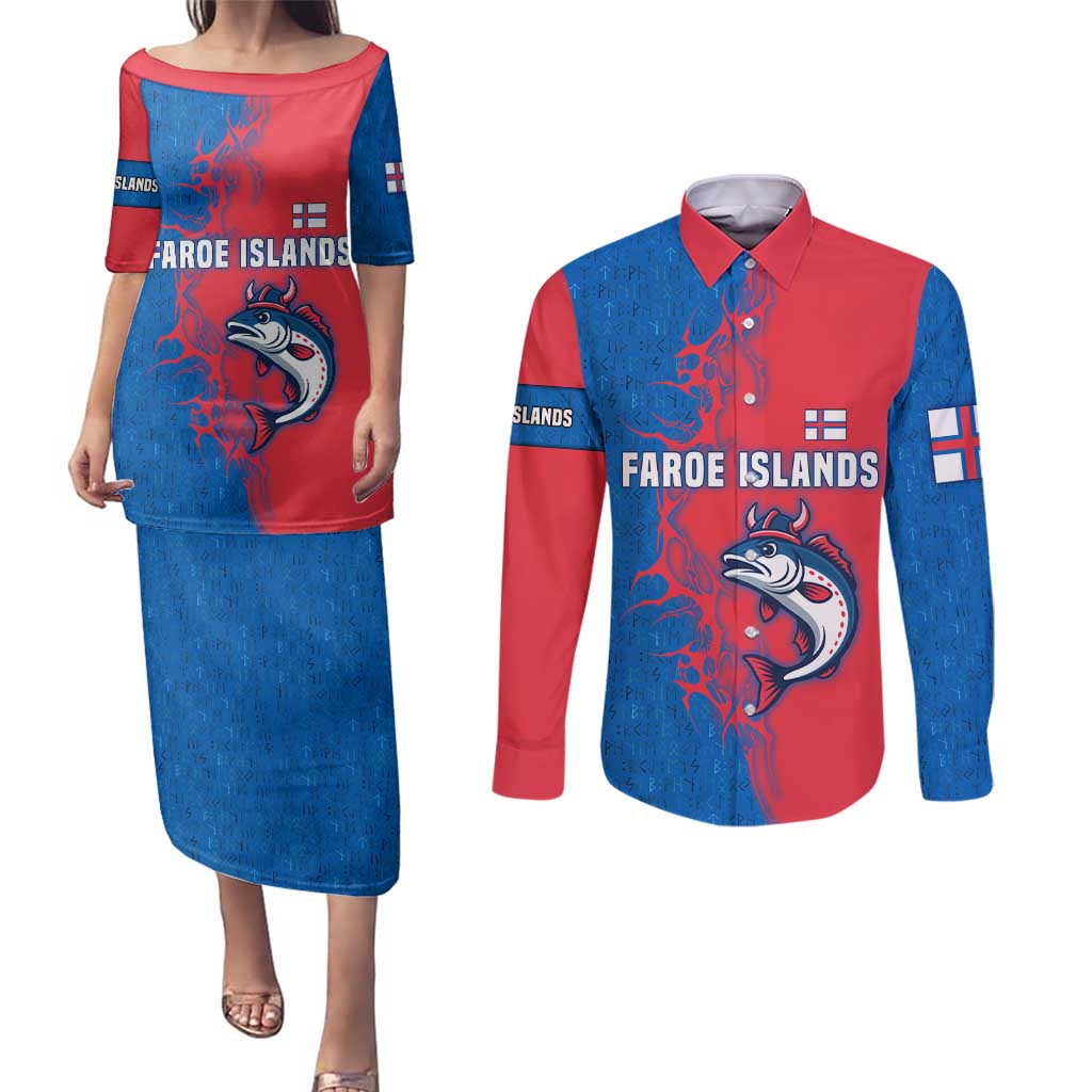 Faroe Islands Couples Matching Puletasi and Long Sleeve Button Shirt with Viking Fish Illustration Red Blue Runic Design - Wonder Print Shop