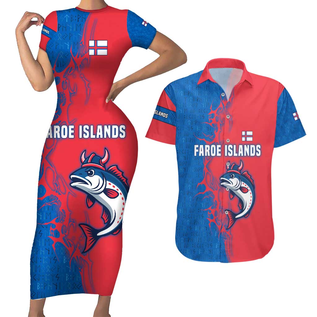 Faroe Islands Couples Matching Short Sleeve Bodycon Dress and Hawaiian Shirt with Viking Fish Illustration Red Blue Runic Design - Wonder Print Shop