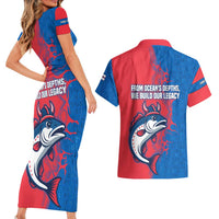 Faroe Islands Couples Matching Short Sleeve Bodycon Dress and Hawaiian Shirt with Viking Fish Illustration Red Blue Runic Design - Wonder Print Shop