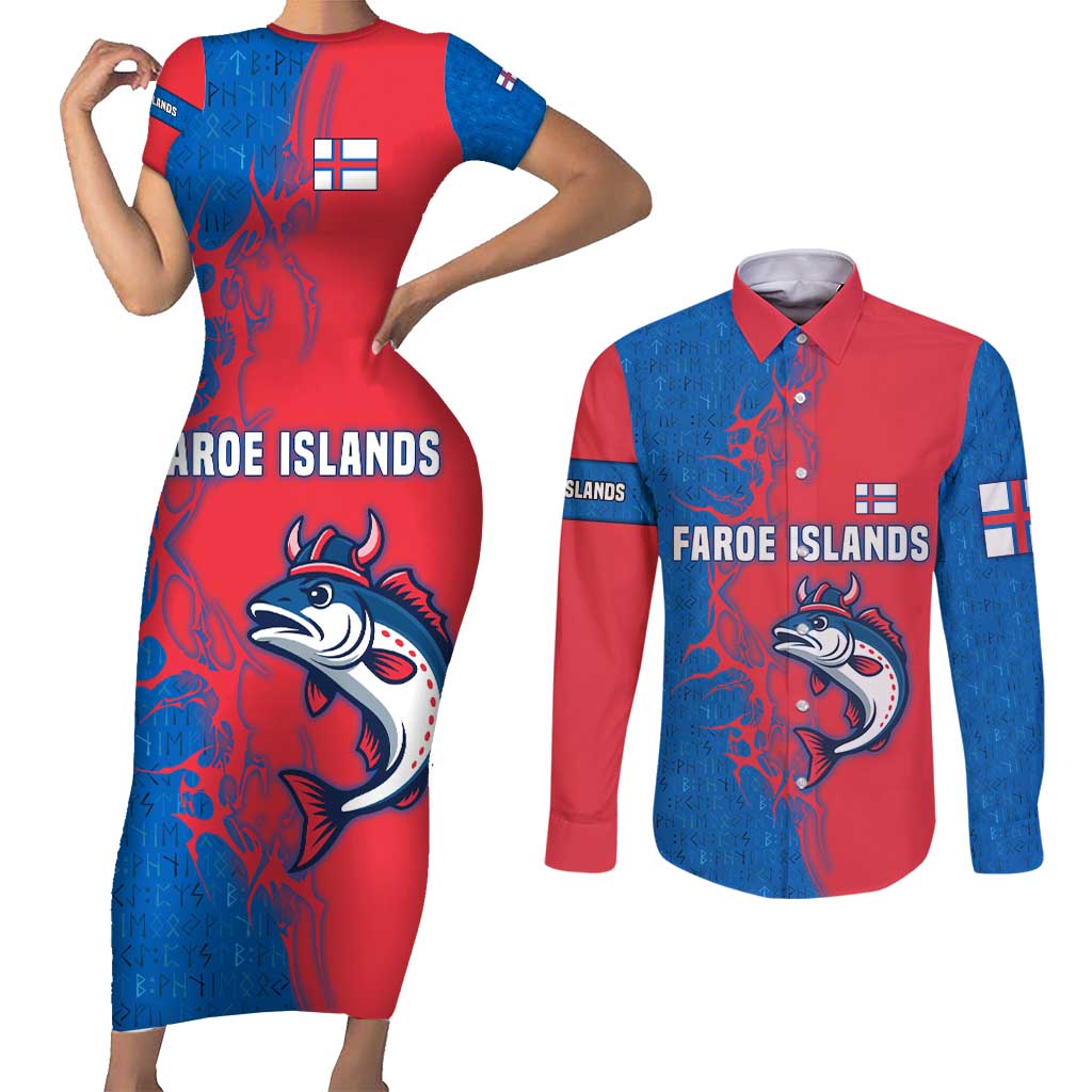 Faroe Islands Couples Matching Short Sleeve Bodycon Dress and Long Sleeve Button Shirt with Viking Fish Illustration Red Blue Runic Design - Wonder Print Shop