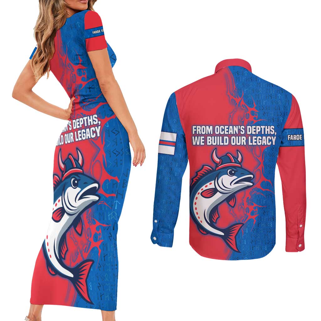 Faroe Islands Couples Matching Short Sleeve Bodycon Dress and Long Sleeve Button Shirt with Viking Fish Illustration Red Blue Runic Design - Wonder Print Shop