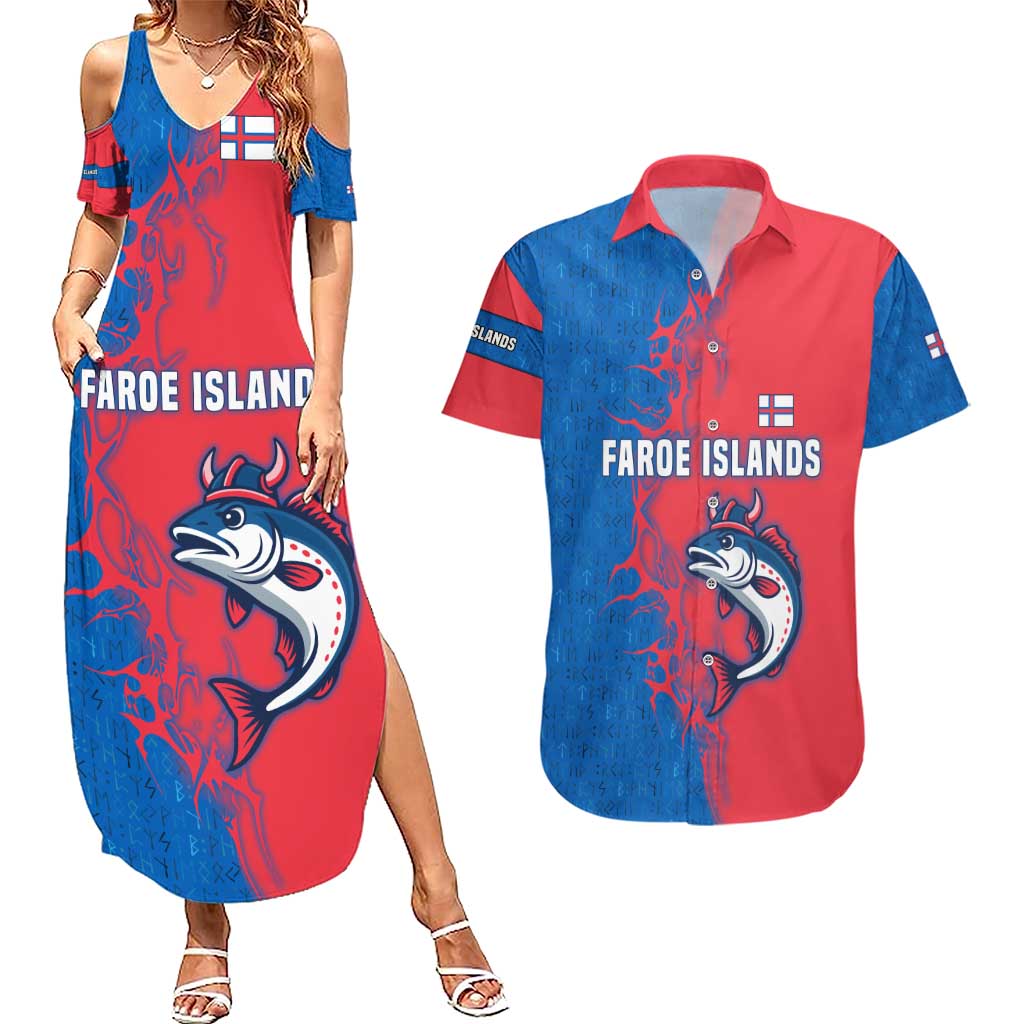 Faroe Islands Couples Matching Summer Maxi Dress and Hawaiian Shirt with Viking Fish Illustration Red Blue Runic Design - Wonder Print Shop