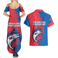 Faroe Islands Couples Matching Summer Maxi Dress and Hawaiian Shirt with Viking Fish Illustration Red Blue Runic Design - Wonder Print Shop