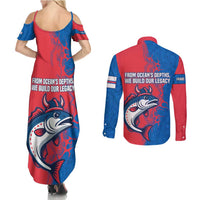 Faroe Islands Couples Matching Summer Maxi Dress and Long Sleeve Button Shirt with Viking Fish Illustration Red Blue Runic Design - Wonder Print Shop