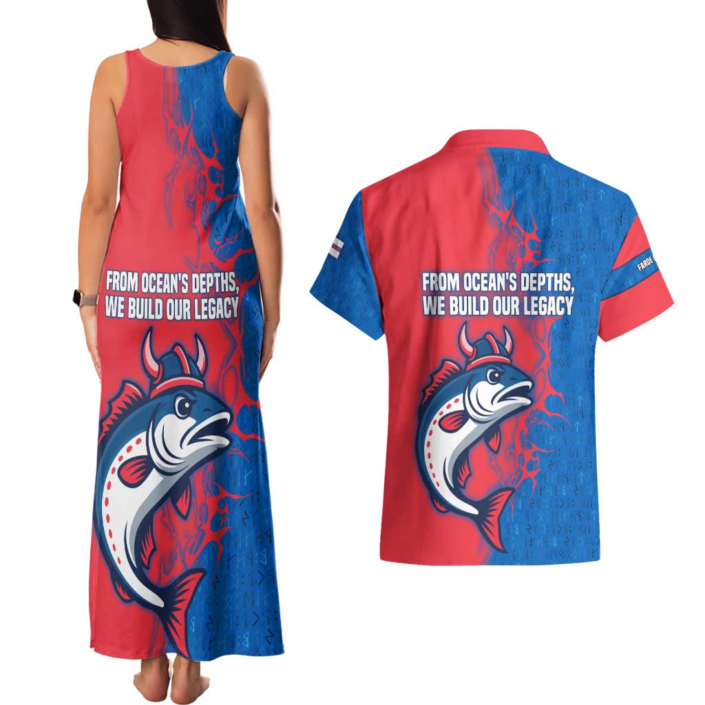 Faroe Islands Couples Matching Tank Maxi Dress and Hawaiian Shirt with Viking Fish Illustration Red Blue Runic Design - Wonder Print Shop