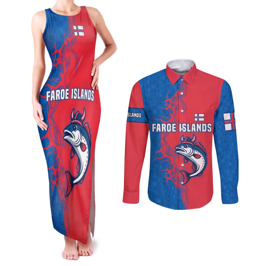 Faroe Islands Couples Matching Tank Maxi Dress and Long Sleeve Button Shirt with Viking Fish Illustration Red Blue Runic Design - Wonder Print Shop