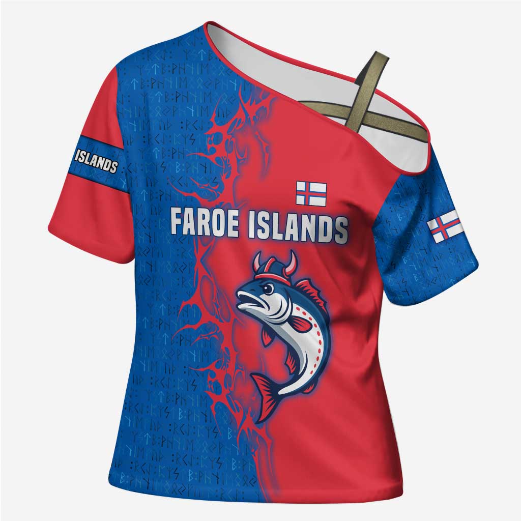 Faroe Islands Cross Shoulder Shirt with Viking Fish Illustration Red Blue Runic Design - Wonder Print Shop