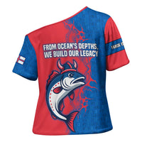 Faroe Islands Cross Shoulder Shirt with Viking Fish Illustration Red Blue Runic Design - Wonder Print Shop