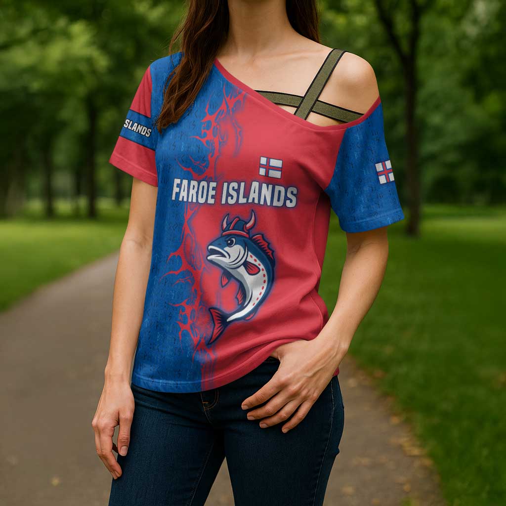 Faroe Islands Cross Shoulder Shirt with Viking Fish Illustration Red Blue Runic Design - Wonder Print Shop