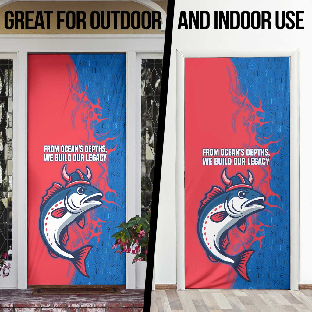 Faroe Islands Door Cover with Viking Fish Illustration Red Blue Runic Design - Wonder Print Shop