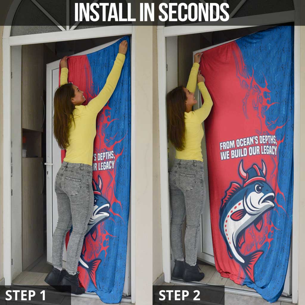 Faroe Islands Door Cover with Viking Fish Illustration Red Blue Runic Design - Wonder Print Shop