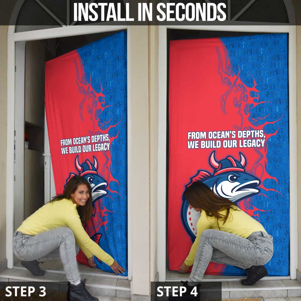 Faroe Islands Door Cover with Viking Fish Illustration Red Blue Runic Design - Wonder Print Shop