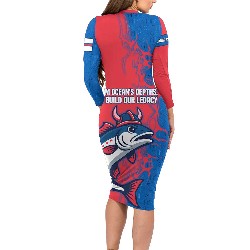 Faroe Islands Family Matching Long Sleeve Bodycon Dress and Hawaiian Shirt with Viking Fish Illustration Red Blue Runic Design - Wonder Print Shop