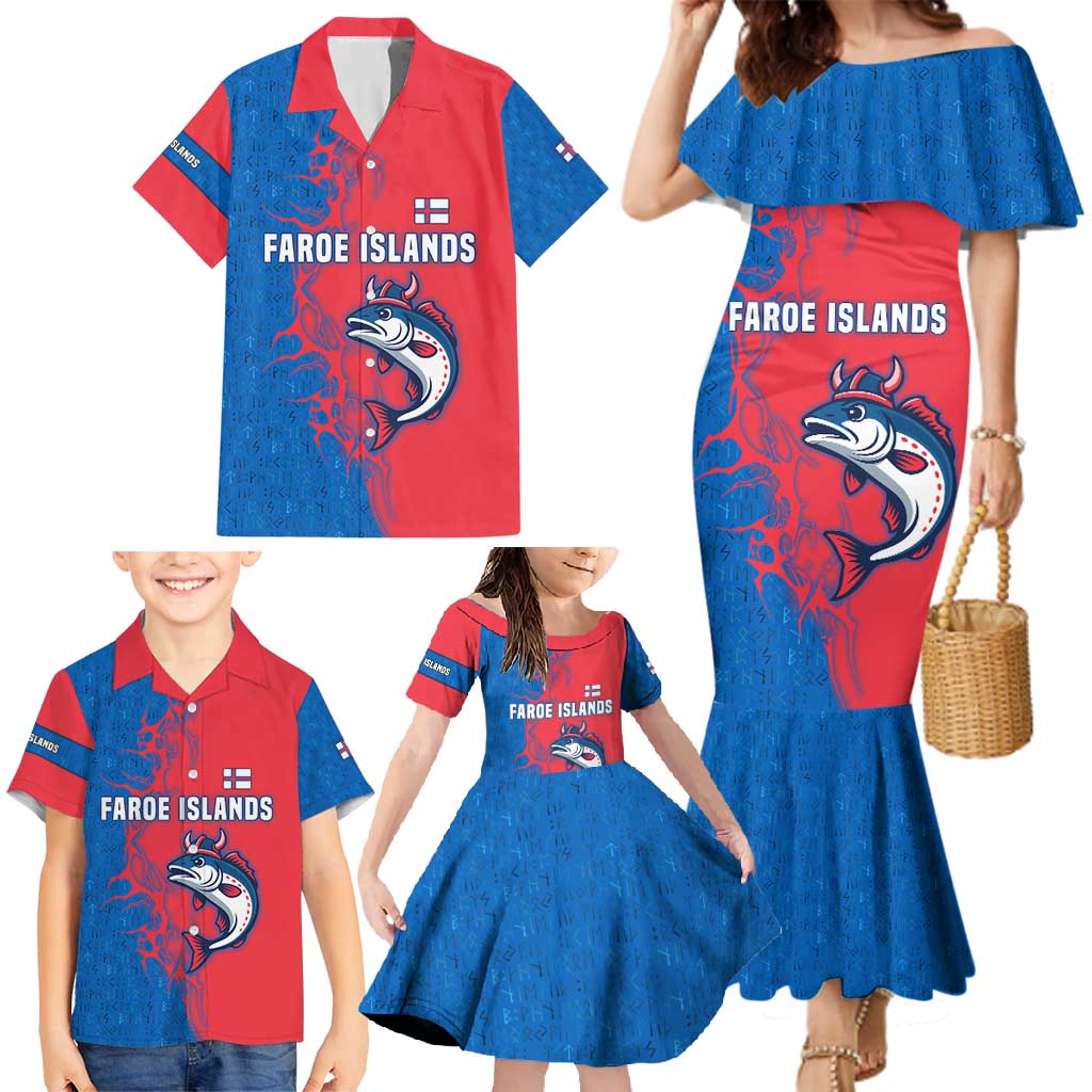 Faroe Islands Family Matching Mermaid Dress and Hawaiian Shirt with Viking Fish Illustration Red Blue Runic Design - Wonder Print Shop